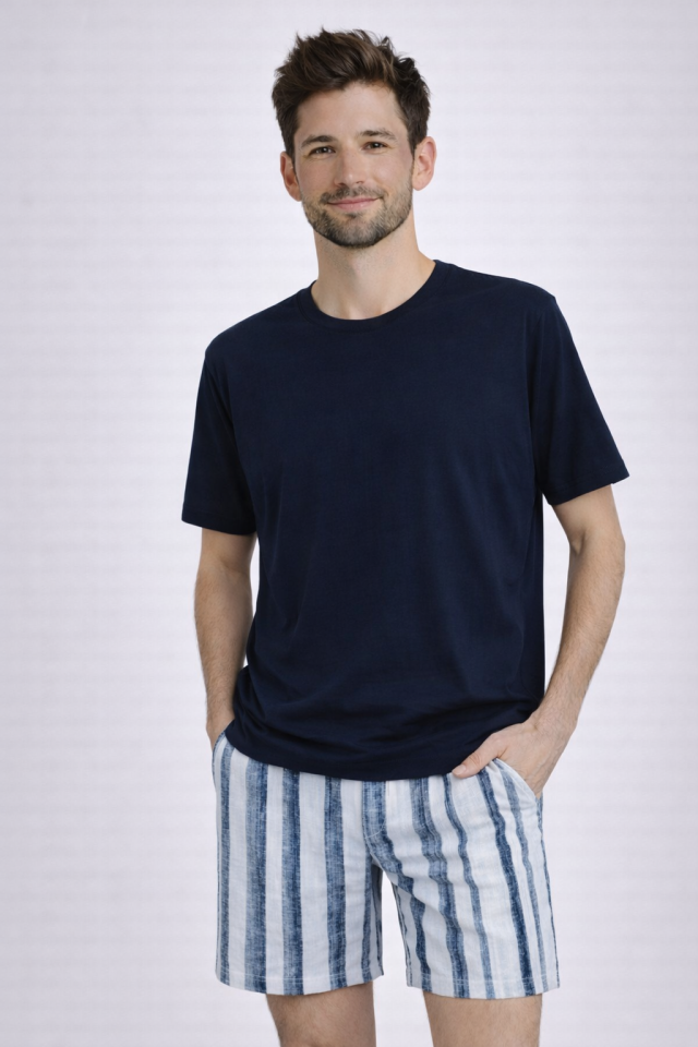 Erkek Pamuklu Kısa Kollu Çizgili Cepli Şortlu Pijama Takımı Lacivert - Ekru - 2XL