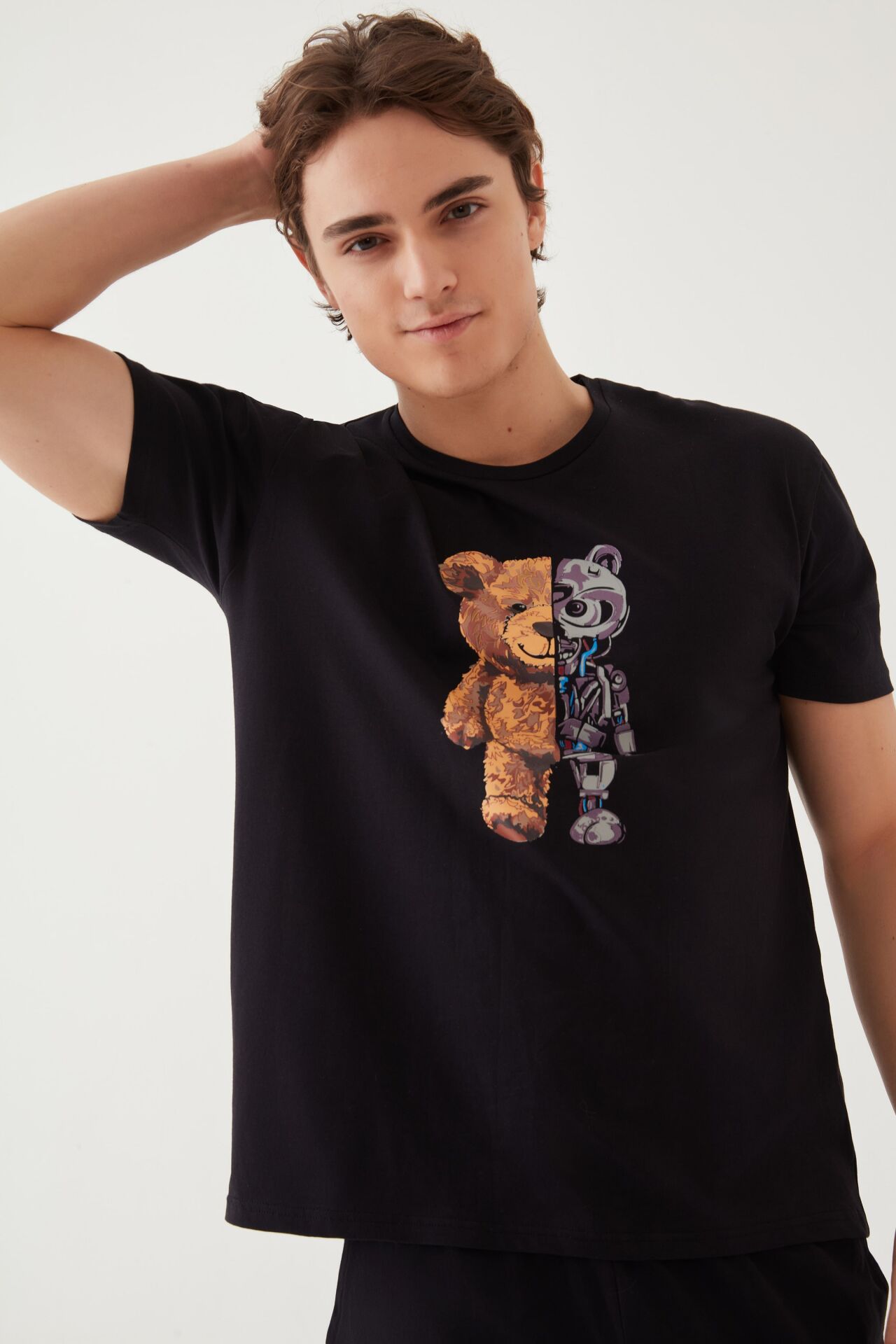 Erkek Pamuklu Kısa Kollu Üst Robot Baskılı Cep Detaylı Pijama Takımı L - Kahverengi - Siyah