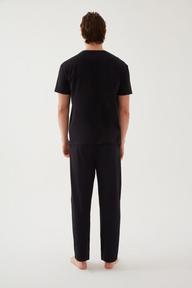 Erkek Pamuklu Kısa Kollu Üst Robot Baskılı Cep Detaylı Pijama Takımı L - Kahverengi - Siyah