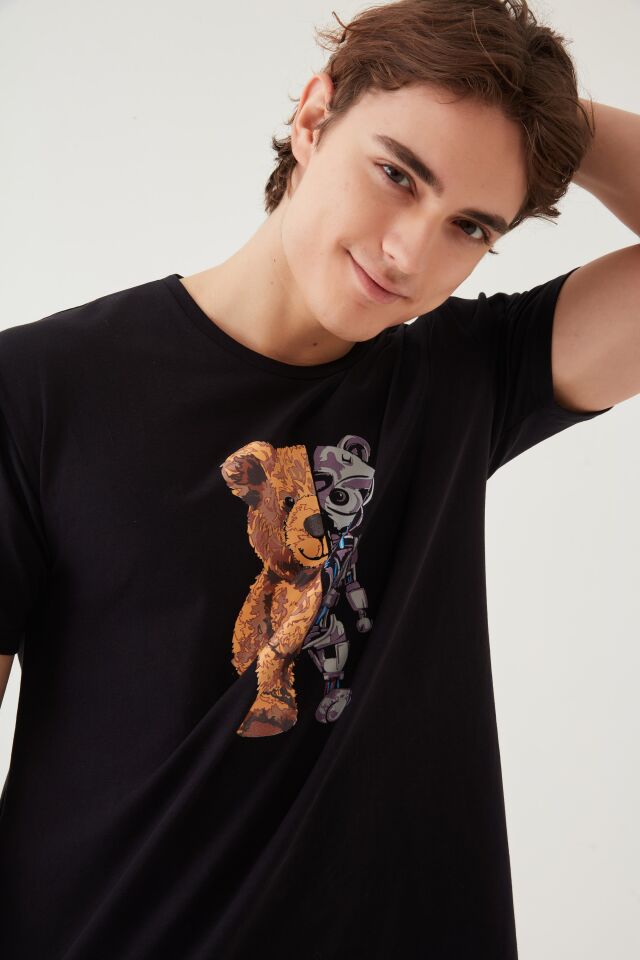 Erkek Pamuklu Kısa Kollu Üst Robot Baskılı Cep Detaylı Pijama Takımı XL - Kahverengi - Siyah