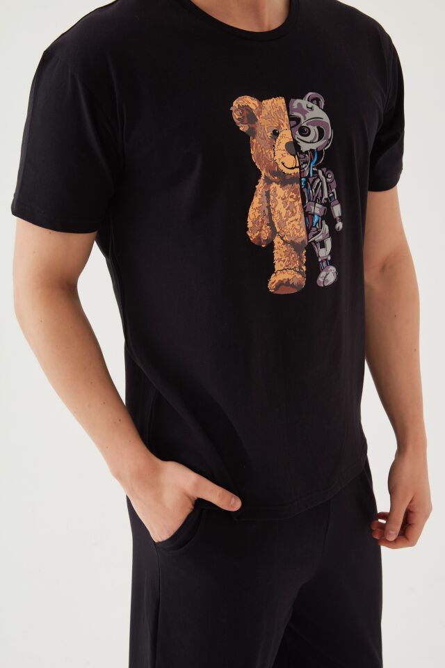 Erkek Pamuklu Kısa Kollu Üst Robot Baskılı Cep Detaylı Pijama Takımı XL - Kahverengi - Siyah