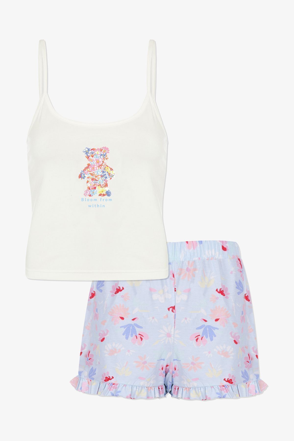 Kadın Pamuklu Mavi Çiçekli Ayıcıklı Baskılı Şortlu Pijama Takımı KO70124 Mavi Çiçekli - M - KO70124 Mavi Çiçekli - M