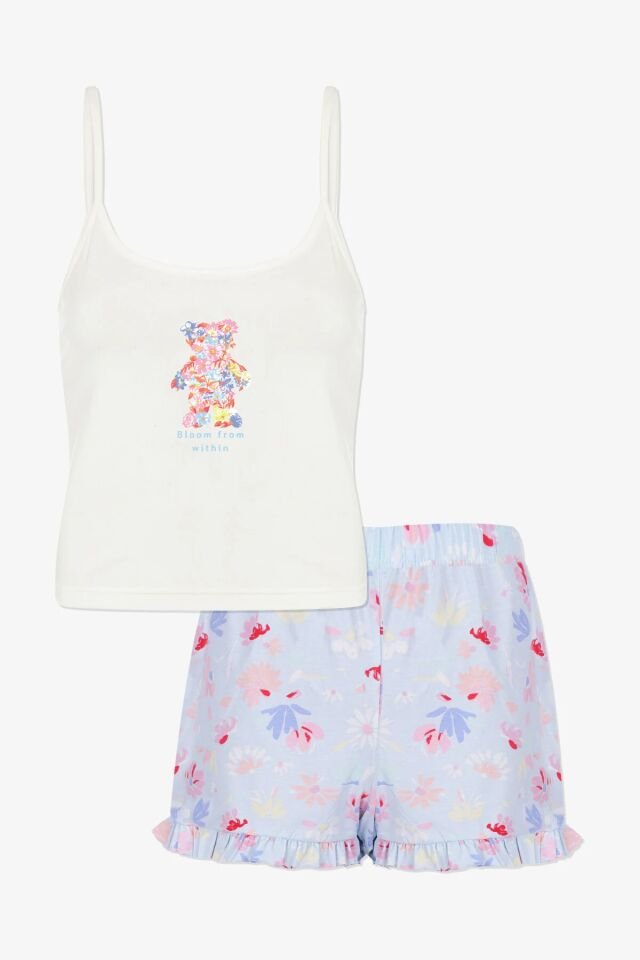 Kadın Pamuklu Mavi Çiçekli Ayıcıklı Baskılı Şortlu Pijama Takımı KO70124 Mavi Çiçekli - XL - KO70124 Mavi Çiçekli - XL