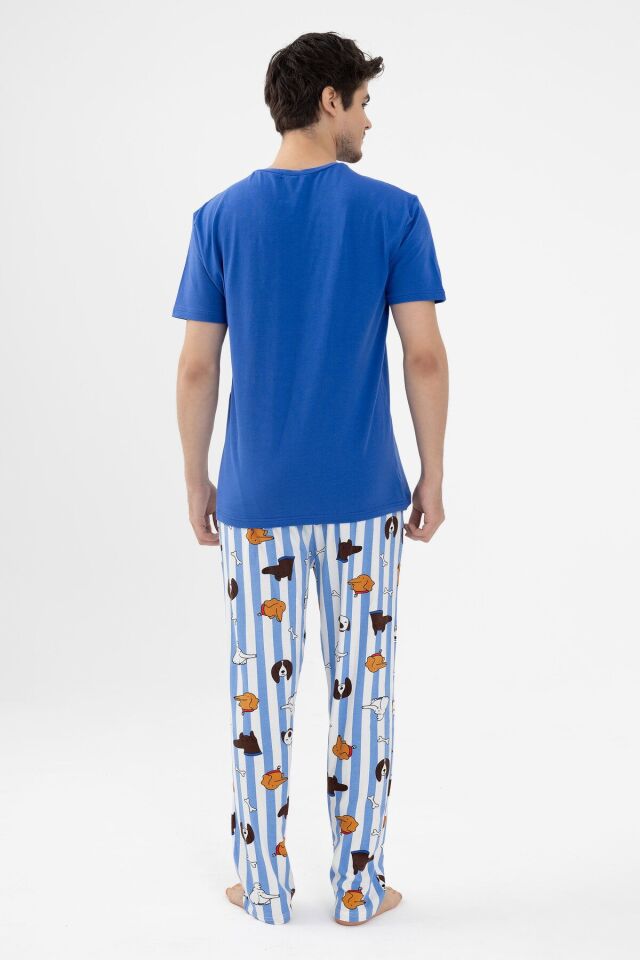 Erkek Kısa Kollu Pamuklu Hayvan Desenli Pijama Takımı Saks - XL