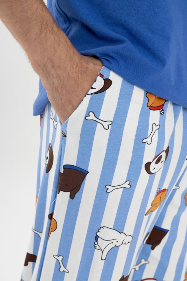 Erkek Kısa Kollu Pamuklu Hayvan Desenli Pijama Takımı Saks - XL