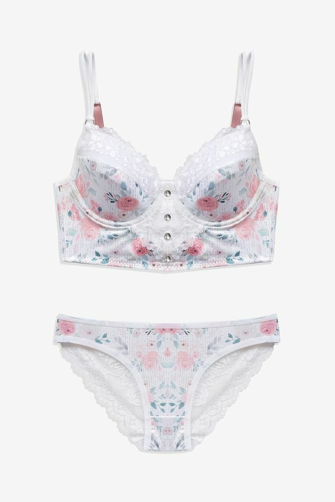 Kadın Işıltılı Desenli Düğmeli Dantel Detaylı Büstiyer Takım