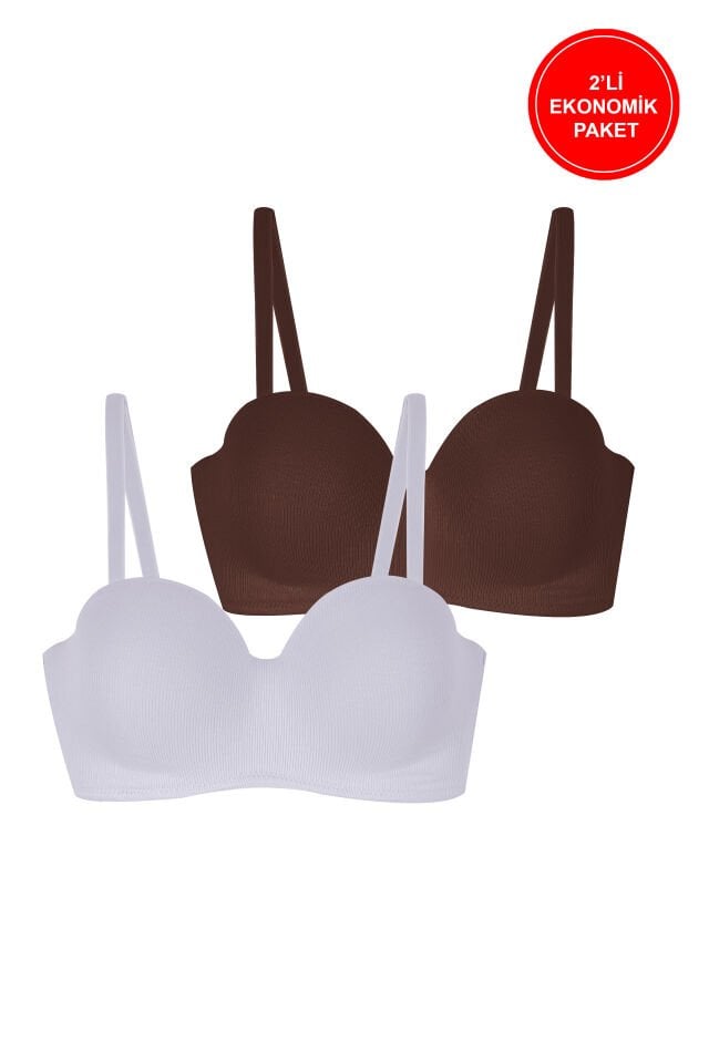 2'li Paket - Kadın Fitilli Straplez Sütyen Kahverengi - Ekru - 95B
