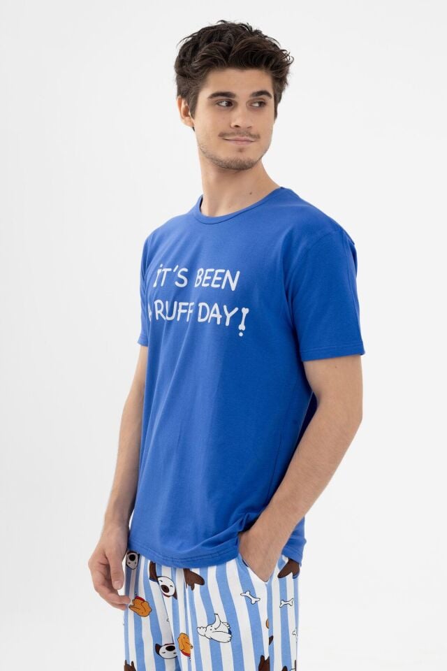 Erkek Kısa Kollu Pamuklu Hayvan Desenli Pijama Takımı Saks - 2XL