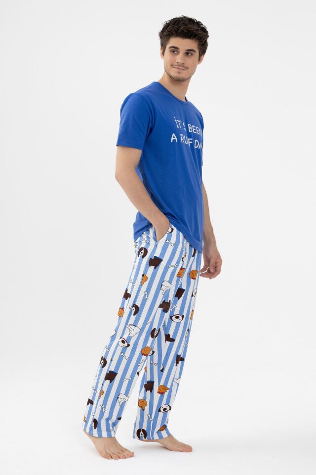 Erkek Kısa Kollu Pamuklu Hayvan Desenli Pijama Takımı Saks - 2XL