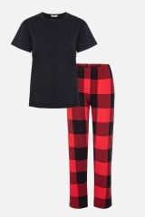 Sevgililer Günü Temalı Kadın Kısa Kollu Pamuklu Kırmızı Ekose Desenli Kombinli Pijama Takımı