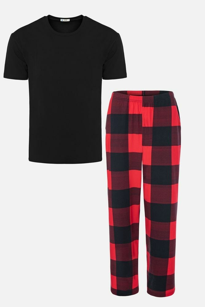 Sevgililer Günü Temalı Erkek Kısa Kollu Pamuklu Kırmızı Ekose Desenli Kombinli Pijama Takımı