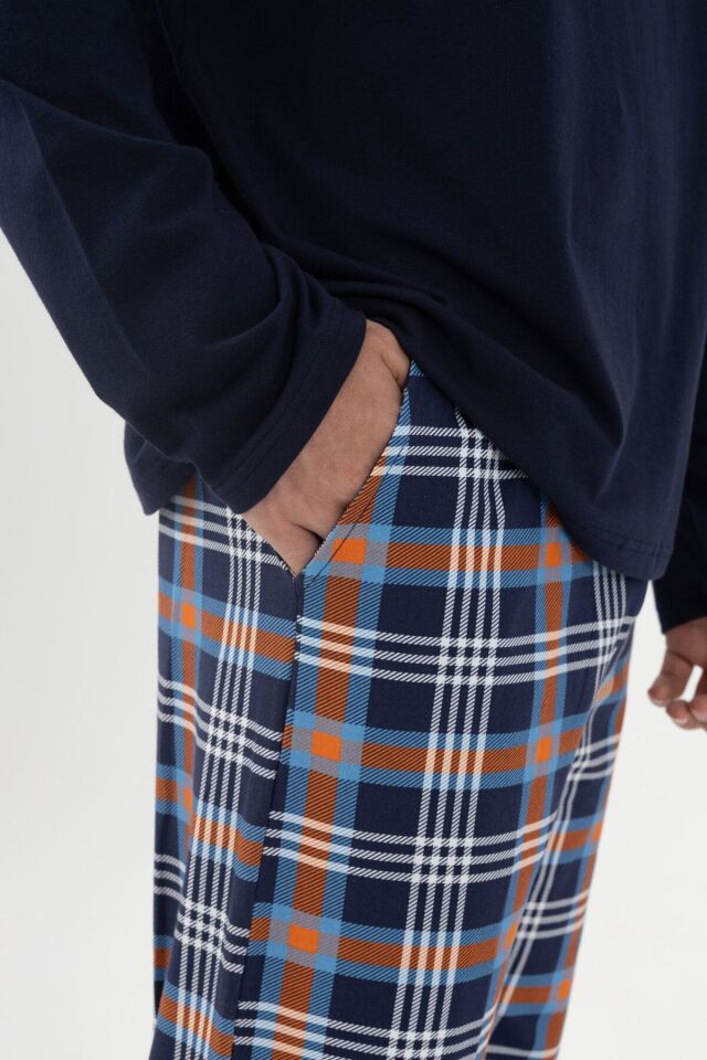 Erkek Pamuklu Uzun Kollu Ekose Desenli Pijama Takımı Turuncu Ekose - M