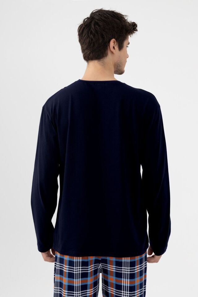 Erkek Pamuklu Uzun Kollu Ekose Desenli Pijama Takımı Turuncu Ekose - 2XL