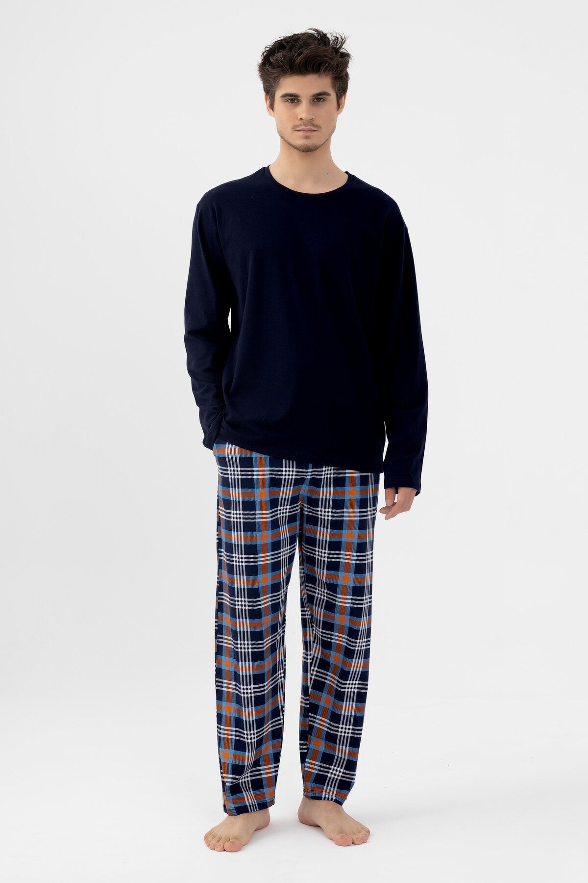 Erkek Pamuklu Uzun Kollu Ekose Desenli Pijama Takımı Turuncu Ekose - L