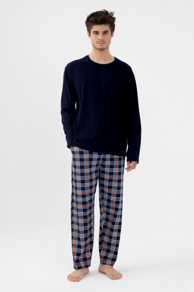 Erkek Pamuklu Uzun Kollu Ekose Desenli Pijama Takımı Turuncu Ekose - L