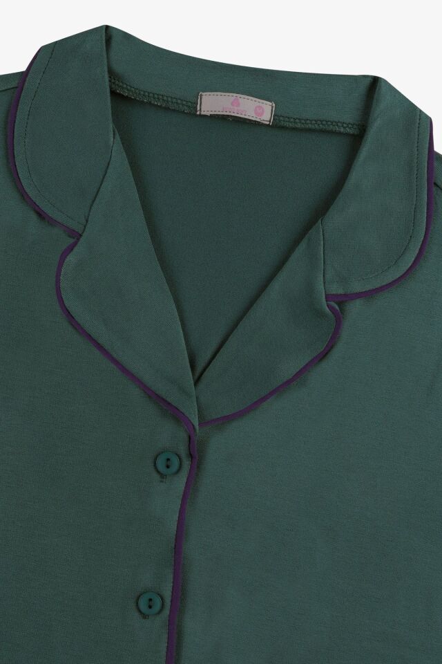 Kadın Viskon - Yumuşak Dokulu Düğmeli Biyeli Bol Paça Pijama Takımı Yeşil - XL