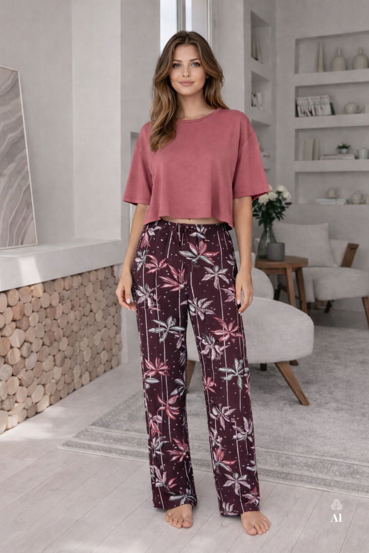 Kadın Pamuklu Kısa Kollu Kalpli Pijama Takımı S - Pudra - Kahverengi