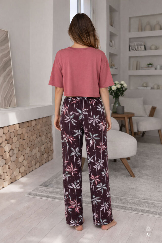 Kadın Pamuklu Kısa Kollu Kalpli Pijama Takımı S - Pudra - Kahverengi