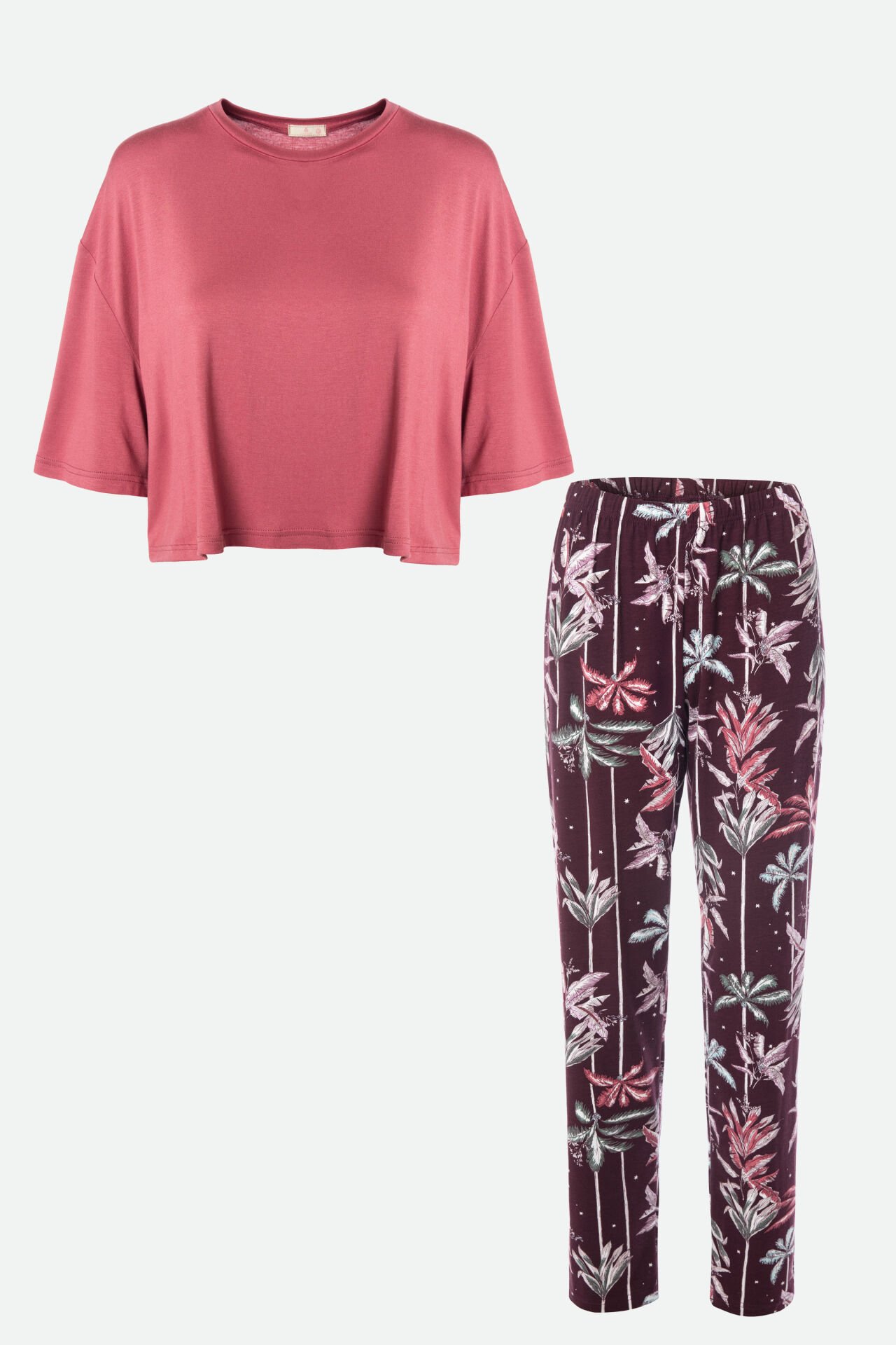 Kadın Pamuklu Kısa Kollu Kalpli Pijama Takımı S - Pudra - Kahverengi