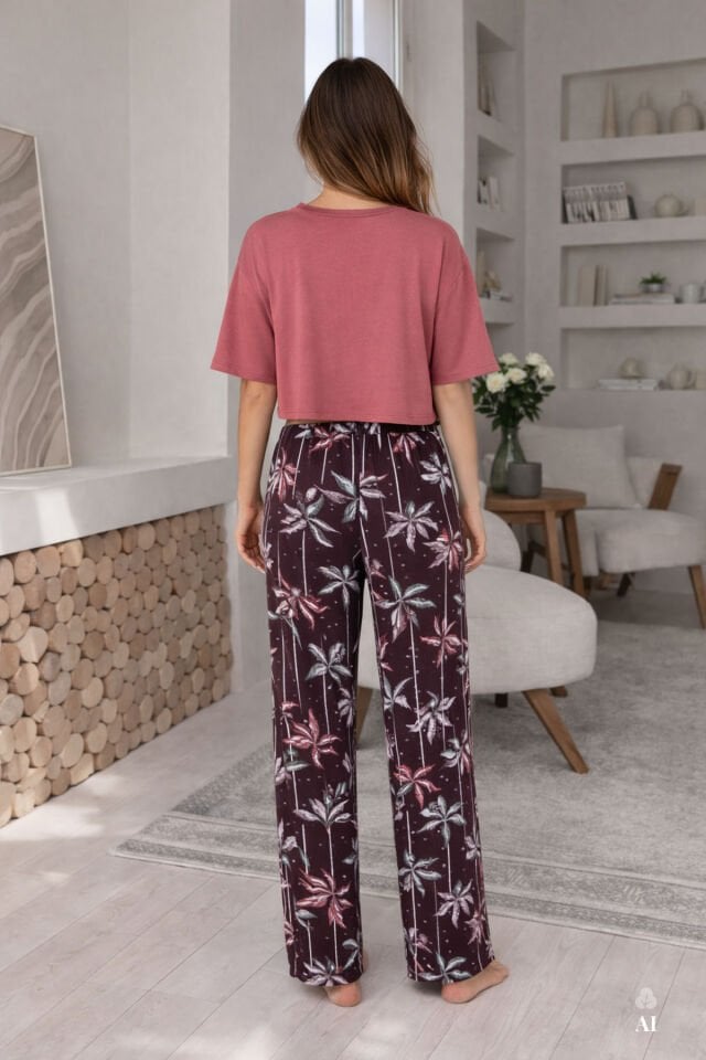 Kadın Pamuklu Kısa Kollu Kalpli Pijama Takımı L - Pudra - Kahverengi