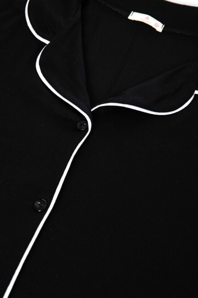 Kadın Viskon - Yumuşak Dokulu Düğmeli Biyeli Bol Paça Pijama Takımı Siyah - XL
