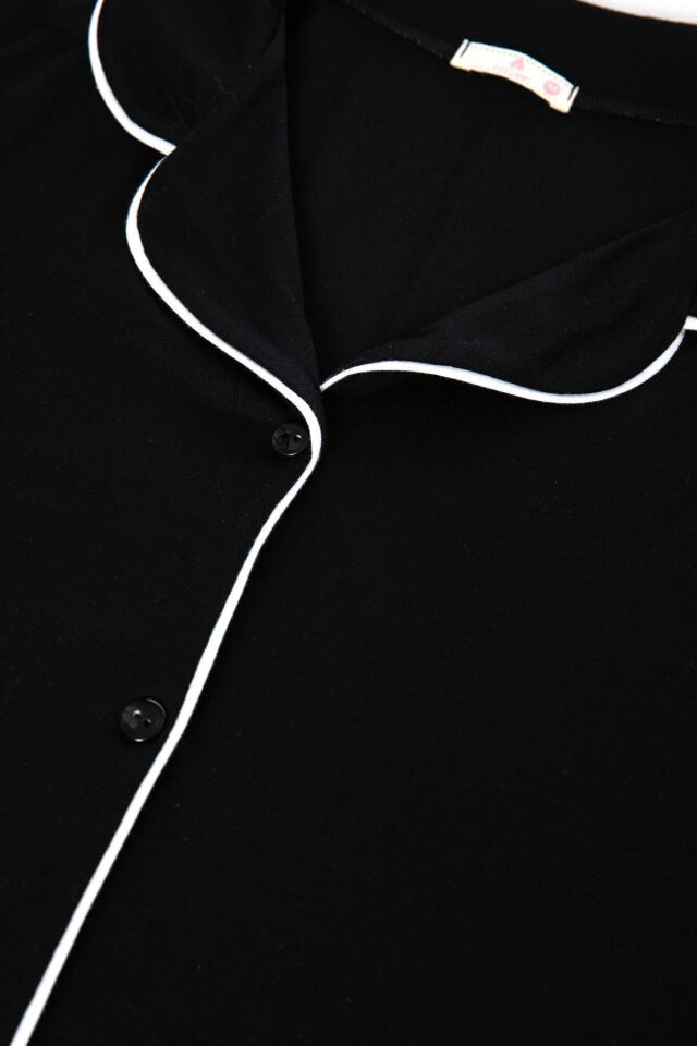 Kadın Viskon - Yumuşak Dokulu Düğmeli Biyeli Bol Paça Pijama Takımı Siyah - XL