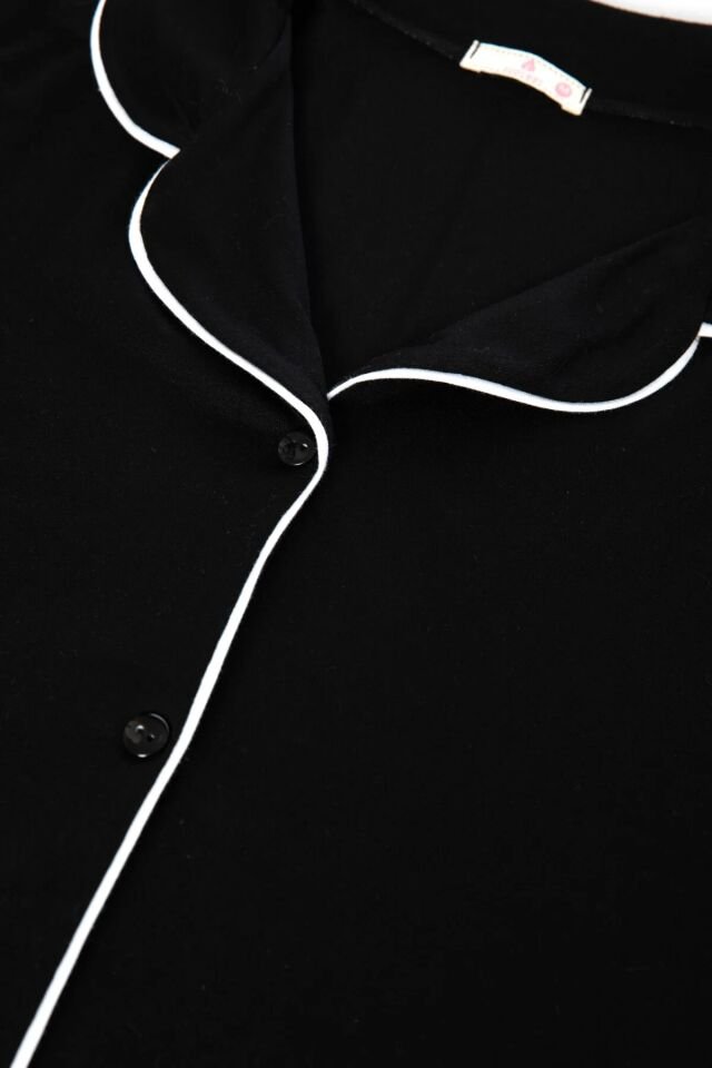 Kadın Viskon - Yumuşak Dokulu Düğmeli Biyeli Bol Paça Pijama Takımı Siyah - XL