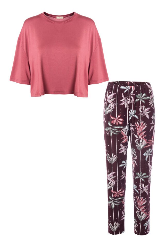 Kadın Pamuklu Kısa Kollu Kalpli Pijama Takımı XL - Pudra - Kahverengi