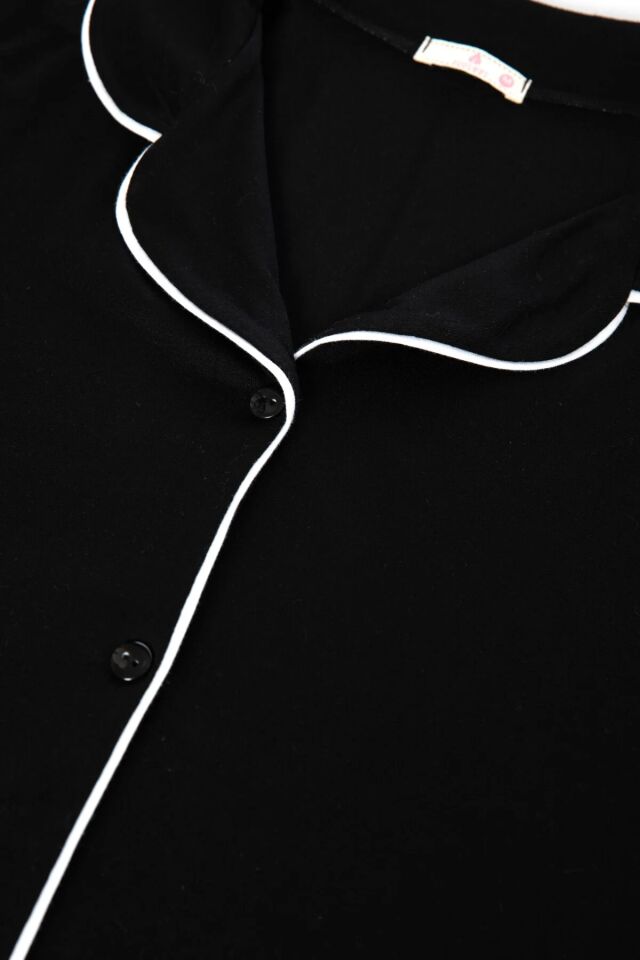 Kadın Viskon - Yumuşak Dokulu Düğmeli Biyeli Bol Paça Pijama Takımı Siyah - 2XL
