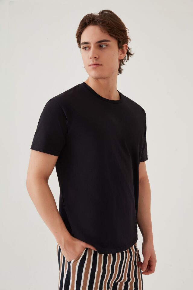 Erkek Kısa Kollu Pamuklu Cepli Çizgili Desenli Pijama Takımı S - Kahverengi - Siyah