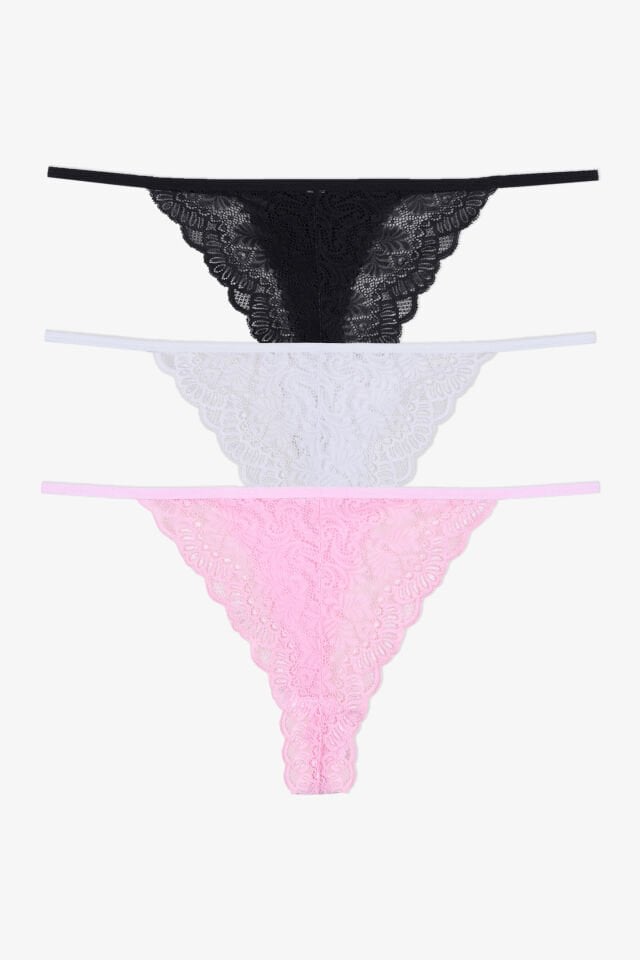 Kadın 3'lü Renkli  Dantelli Arkası Pamuklu Tanga Külot S - M