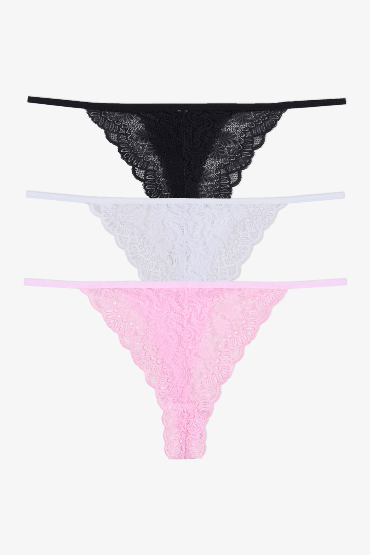 Kadın 3'lü Renkli  Dantelli Arkası Pamuklu Tanga Külot Siyah - Ekru - L - XL