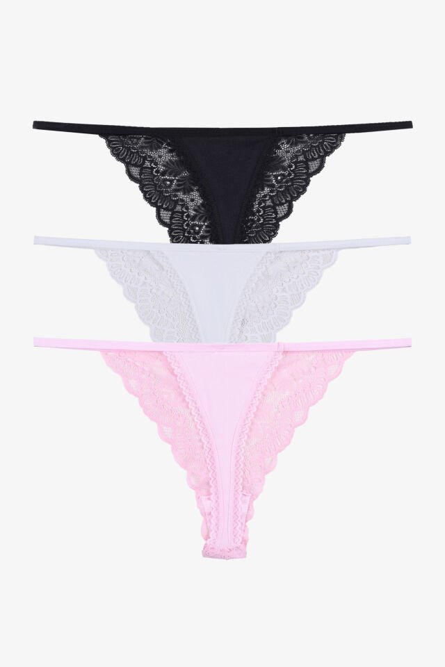 Kadın 3'lü Renkli  Dantelli Arkası Pamuklu Tanga Külot Siyah - Ekru - L - XL