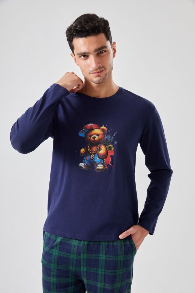 Erkek Pamuklu Ayıcık Baskılı Ekoseli Cepli Pijama Takımı Lacivert -Yeşil - 2XL