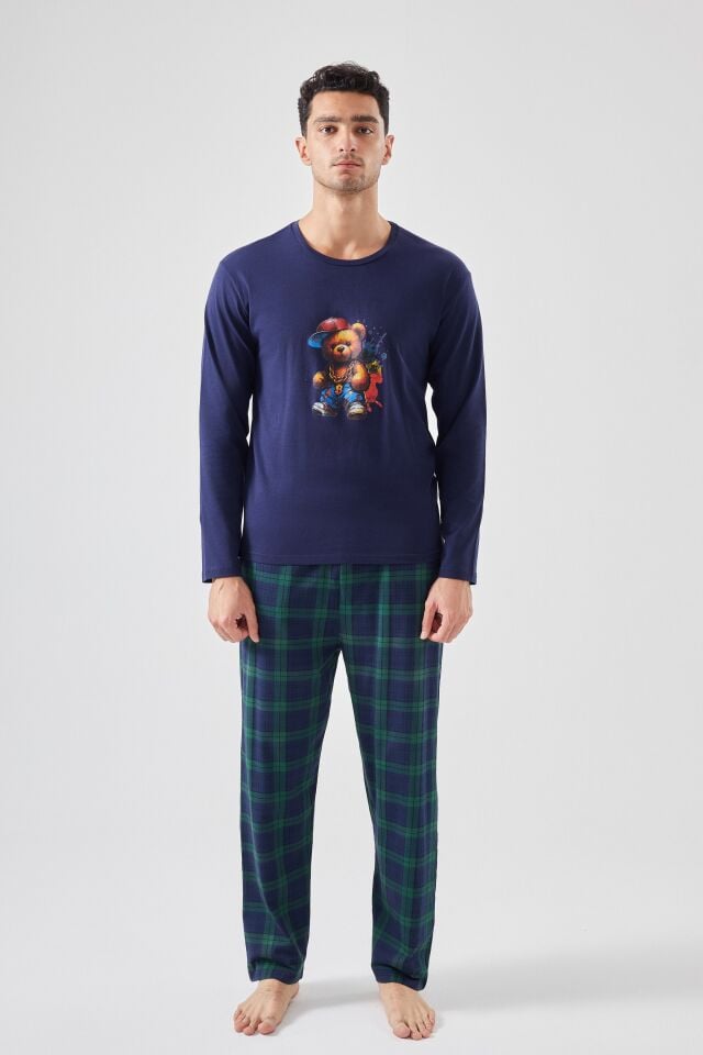 Erkek Pamuklu Ayıcık Baskılı Ekoseli Cepli Pijama Takımı Lacivert -Yeşil - 2XL