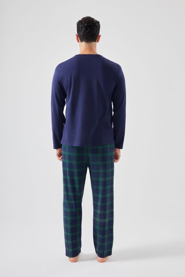 Erkek Pamuklu Ayıcık Baskılı Ekoseli Cepli Pijama Takımı Lacivert -Yeşil - 2XL