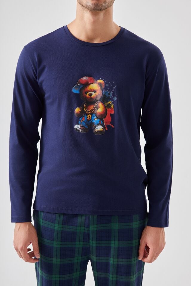 Erkek Pamuklu Ayıcık Baskılı Ekoseli Cepli Pijama Takımı Lacivert -Yeşil - 2XL