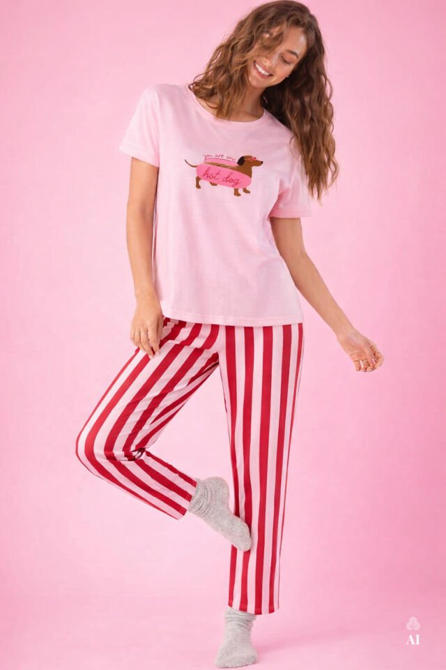 Kadın Pamuklu Renkli Köpek Baskılı Örme Pijama Takımı Pembe - L