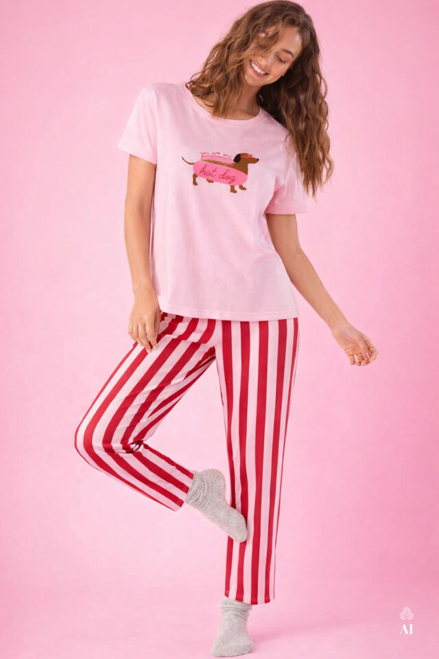 Kadın Pamuklu Renkli Köpek Baskılı Örme Pijama Takımı Pembe - L
