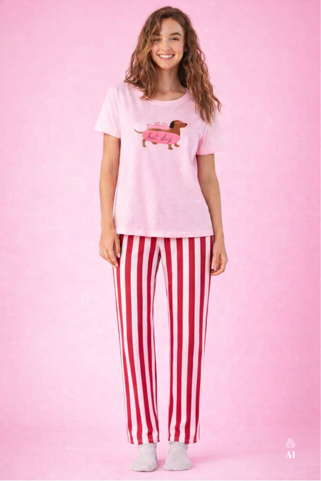 Kadın Pamuklu Renkli Köpek Baskılı Örme Pijama Takımı Pembe - L