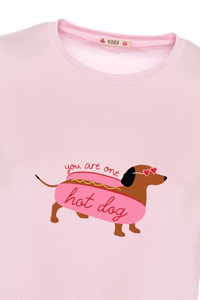Kadın Pamuklu Renkli Köpek Baskılı Örme Pijama Takımı Pembe - L