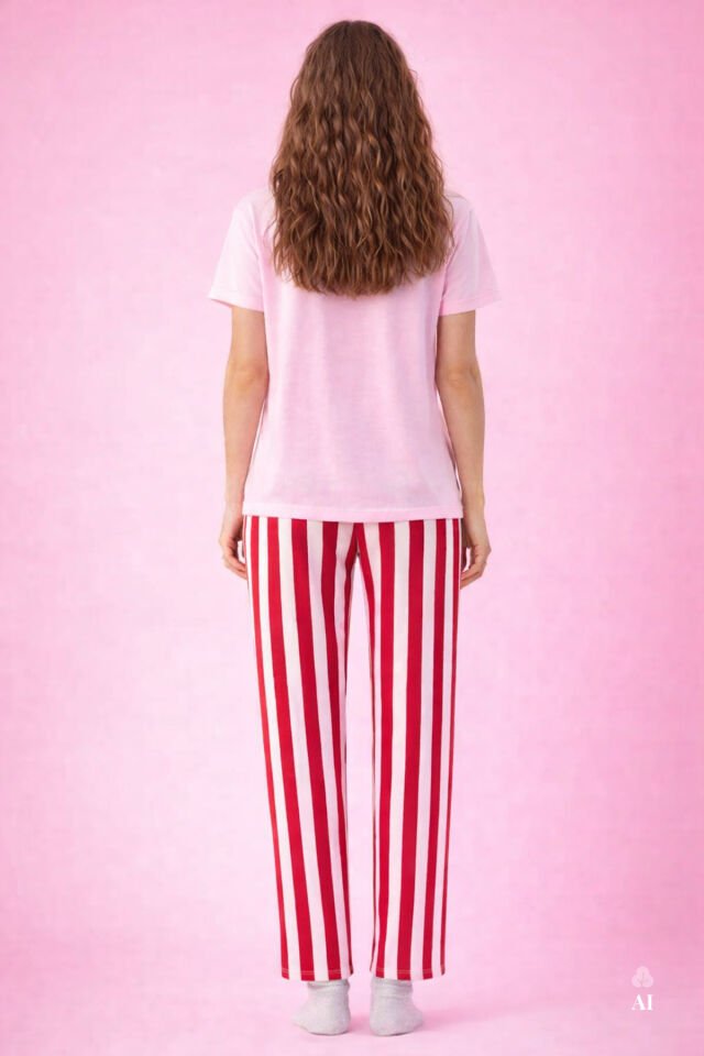 Kadın Pamuklu Renkli Köpek Baskılı Örme Pijama Takımı Pembe - XL