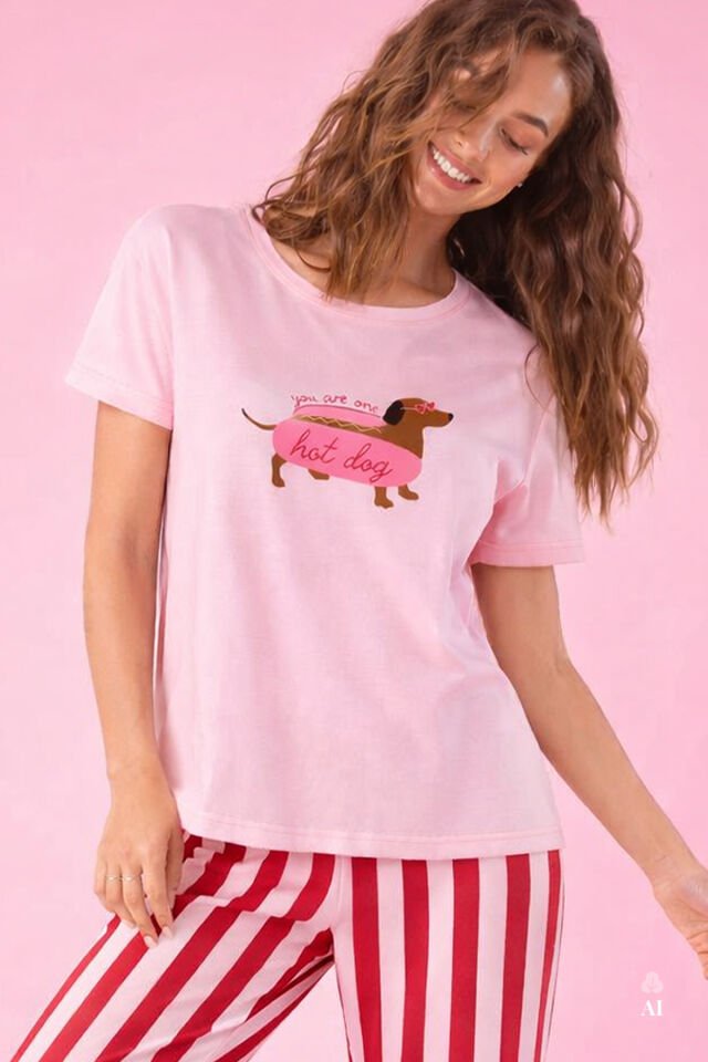 Kadın Pamuklu Renkli Köpek Baskılı Örme Pijama Takımı Pembe - XL