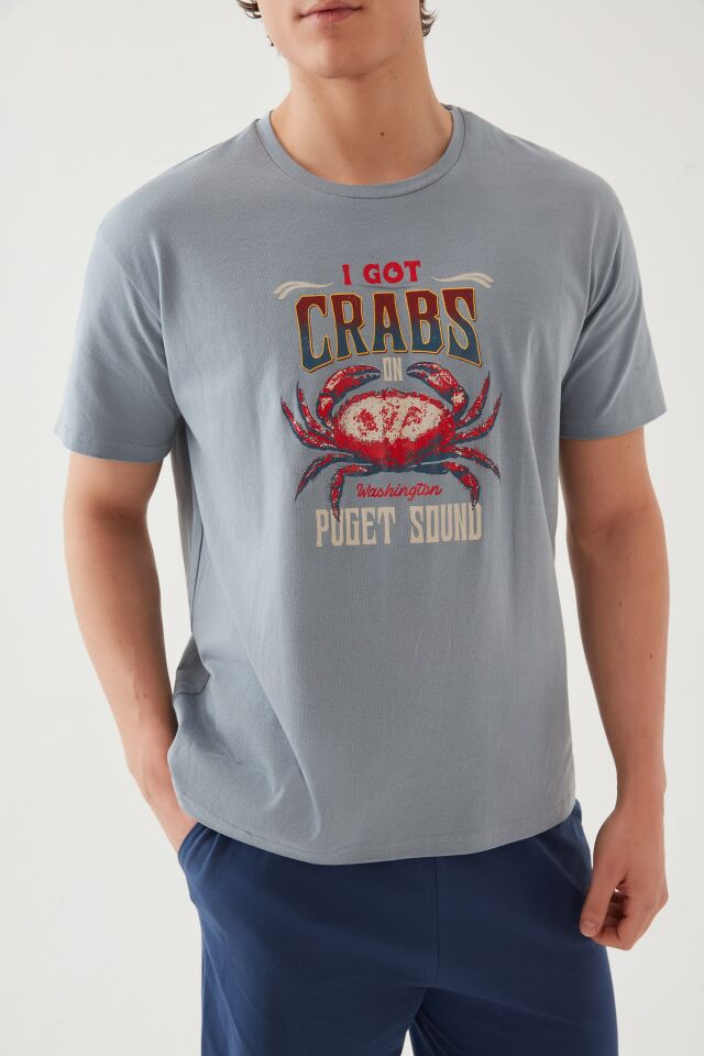 Erkek Pamuklu Kısa Kollu Baskı ve Cep Detaylı Pijama Takımı Mavi - Turuncu - S