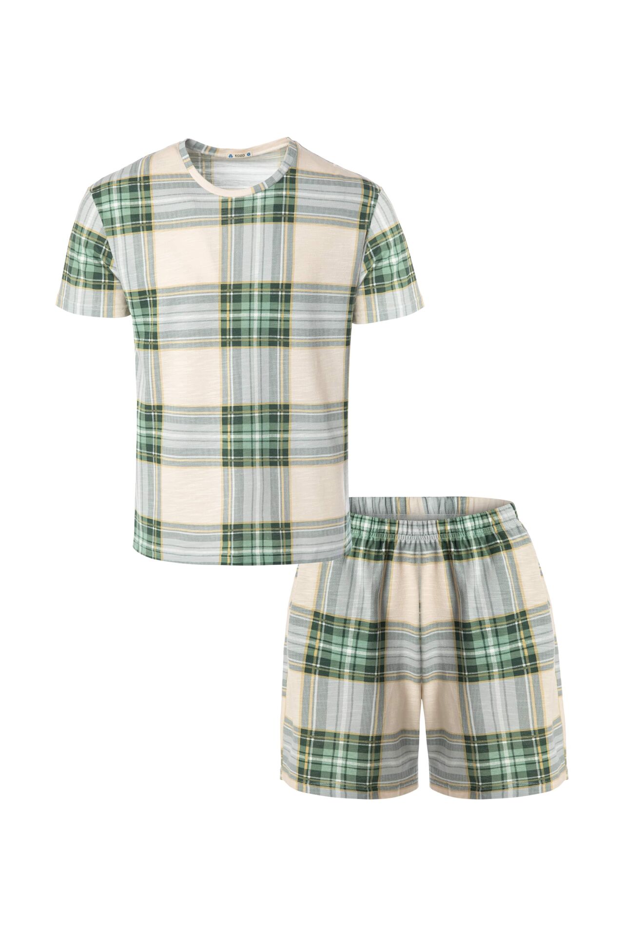Erkek Pamuklu Yeşil Ekose Desenli Cepli Şort Takım S