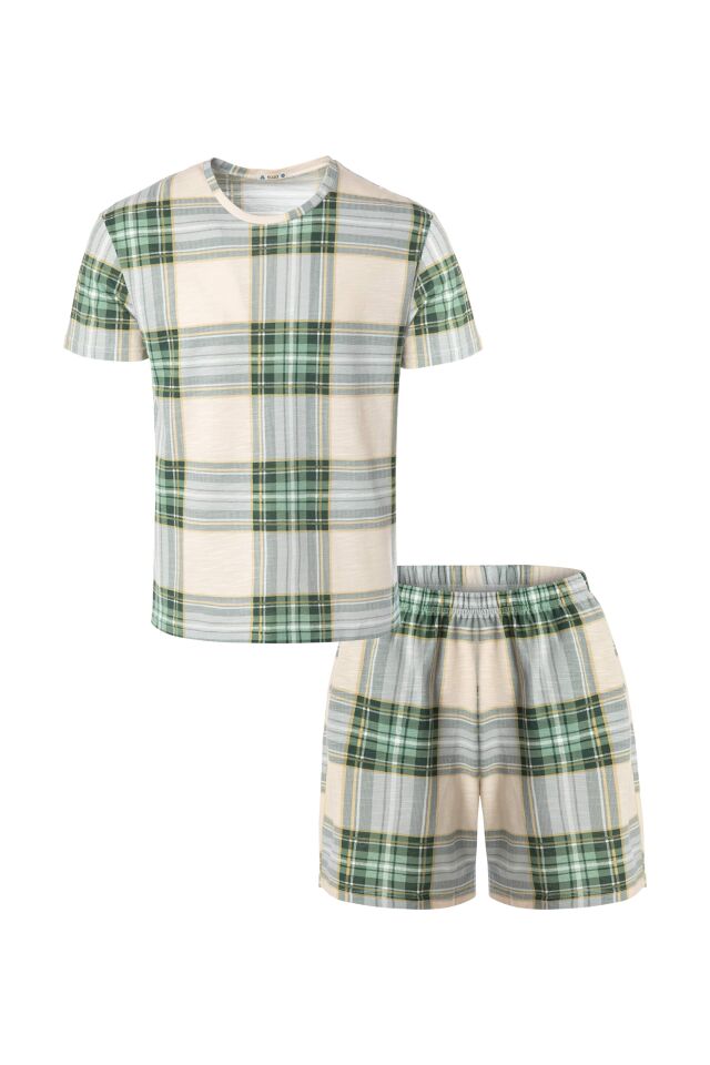 Erkek Pamuklu Yeşil Ekose Desenli Cepli Şort Takım S