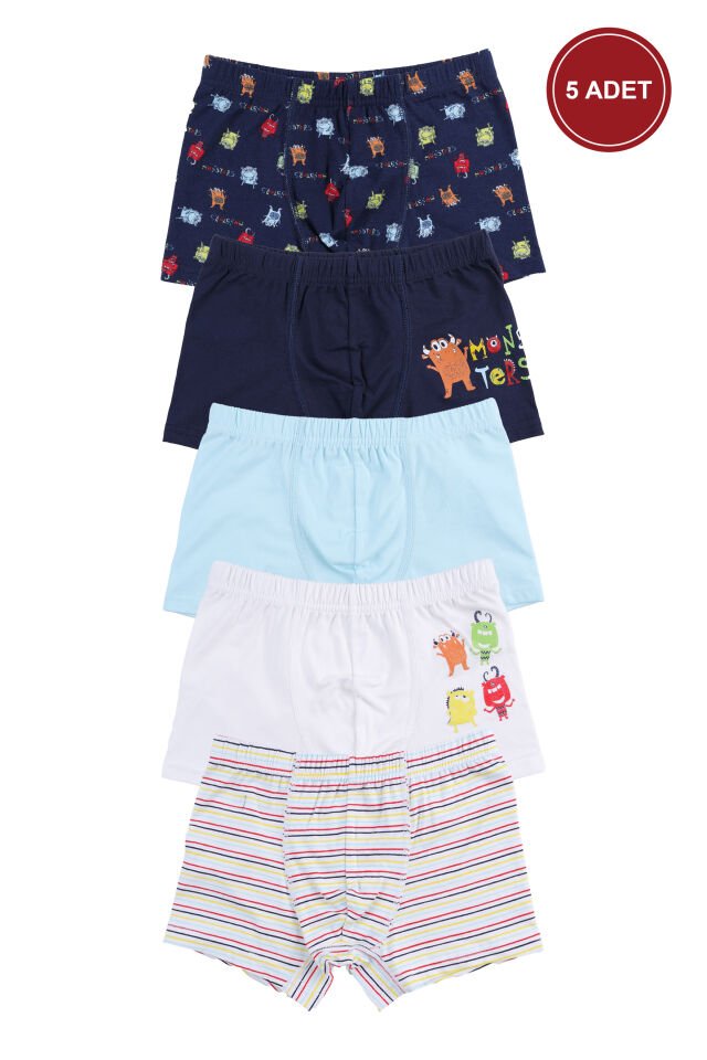 Erkek Çocuk Pamuklu 5'li Baskılı Boxer Mavi - Beyaz - 5-7 Yaş