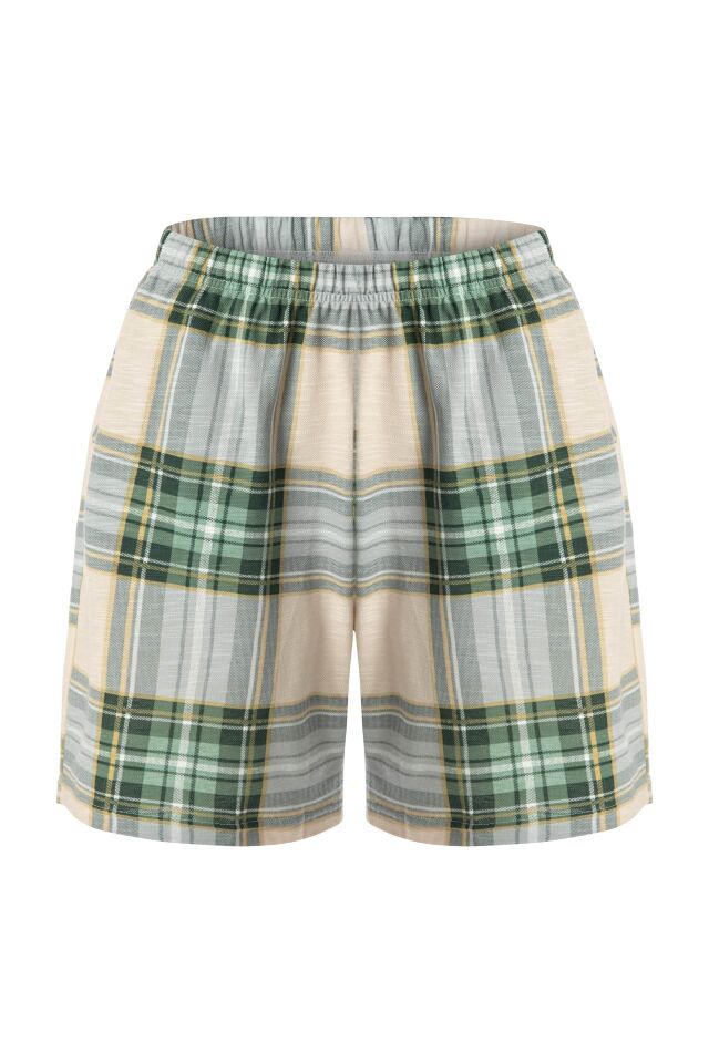 Erkek Pamuklu Yeşil Ekose Desenli Cepli Şort Takım M