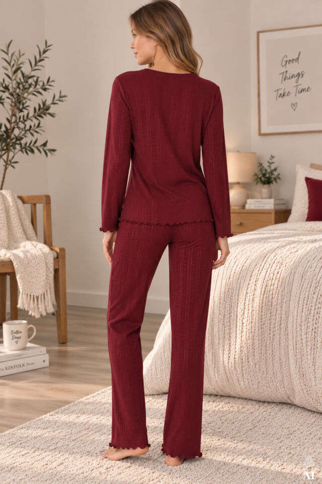 Kadın %100 pamuklu Ribana Baskılı Uzun Kollu Pijama Takımı Bordo - L