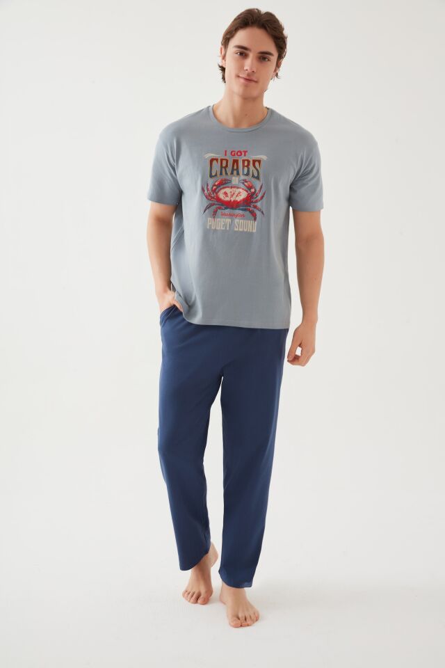 Erkek Pamuklu Kısa Kollu Baskı ve Cep Detaylı Pijama Takımı Mavi - Turuncu - 2XL
